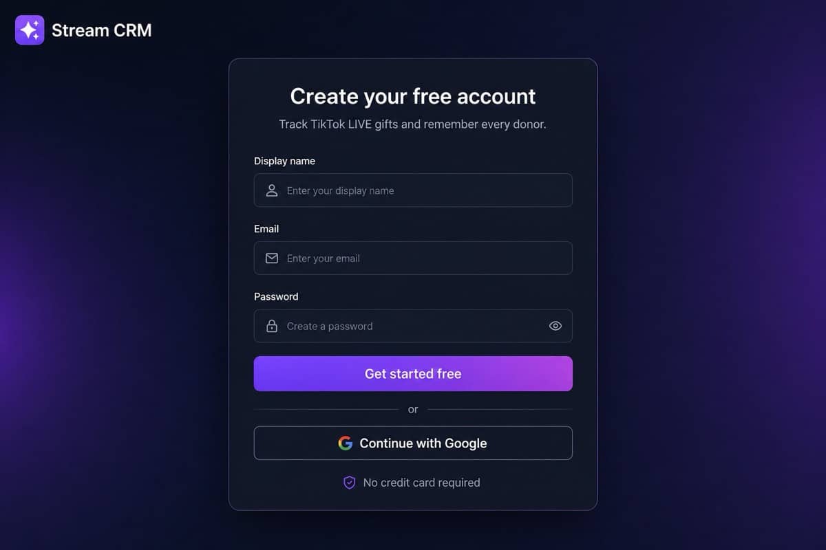 Stream CRM sign-up screen with email, password, and Get started free button