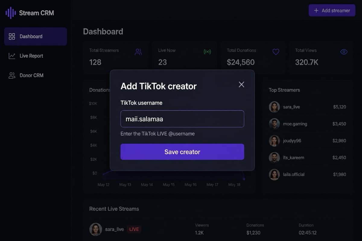 Add TikTok creator dialog with username field and Save creator button