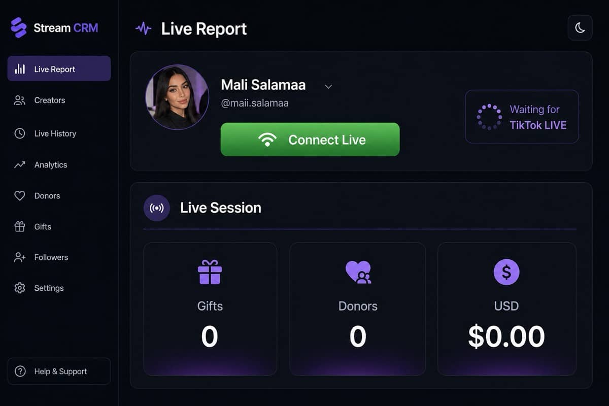 Live Report header with Connect Live button for a selected TikTok creator